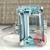 Classic 5.4g S925 Sterling Silver 1 Lady Anniversary Ring - Simple 4 Prong Set Square Aquamarine Synthetic Gemstone - Women's