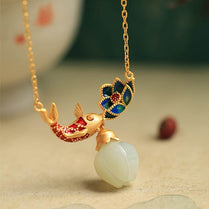 Elegant Golden-Tone Koi & for Lotus Pendant Necklace with Natural Stone - Delicate Women's Clavicle Chain, Perfect for Daily Wear & Gifting, Ideal Thanksgiving & Christmas Jewelry, Long Pendant Necklace - Jewelrieshub