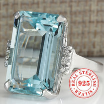 Classic 5.4g S925 Sterling Silver 1 Lady Anniversary Ring - Simple 4 Prong Set Square Aquamarine Synthetic Gemstone - Women's