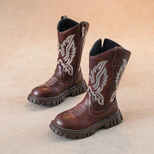 Children Leather Boots 2024 Classic Cowboy Embroidery Girls Long Booties Kids Winter Round Toe Soft Snow Shoes Fashion Snow Boot - Jewelrieshub - - jewelrieshub.com - Jewelrieshub - 