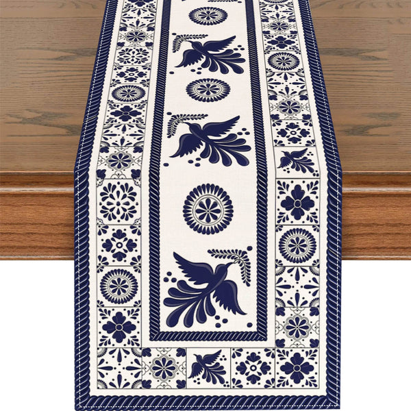 Floral Bird Mexican Linen Table Runners Blue Patchwork Tiles Dresser Scarf Table Decor Holiday Wedding Party Dining Table Decor - Jewelrieshub - - jewelrieshub.com - Jewelrieshub - 