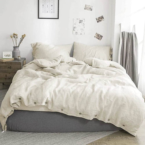 Simple&Opulence 100% Linen 3Pcs Bedding Set Natural Flax Breathable King Size with Coconut Button Comforter Duvet Cover Set - Jewelrieshub - - jewelrieshub.com - Jewelrieshub - 