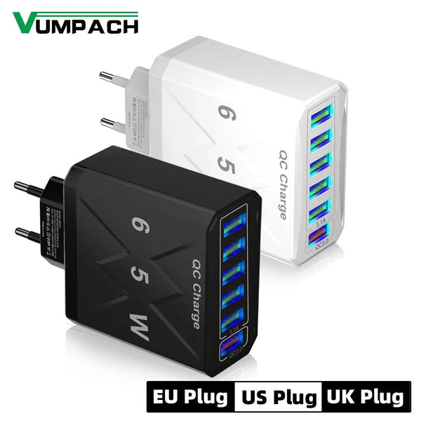 65W 6 Ports USB Charger Fast Charging QC3.0 Travel Charger For iPhone 14 Samsung Xiaomi Mobile Phone Adapter EU KR US UK Plug - Jewelrieshub - - jewelrieshub.com - Jewelrieshub - 