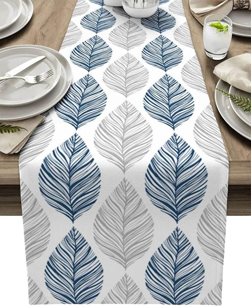 Navy Blue and Grey Leaf Texture Linen Table Runner Gray Abstract Art Leaves Dresser Scarf Table Decor Wedding Dining Party Decor - Jewelrieshub - - jewelrieshub.com - Jewelrieshub - 