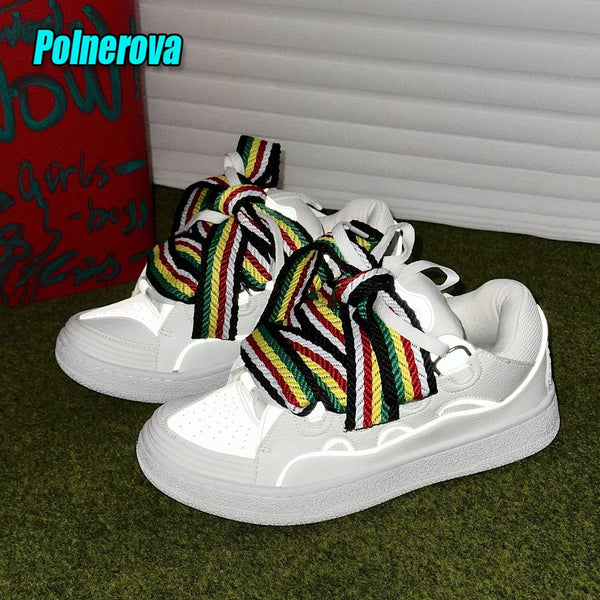 Black White Mixed Colors Couple Casual Sneakers Novelly Reflective Thick Sole Lace-Up Walking Shoes Breathable Women Men Shoes - Jewelrieshub - - jewelrieshub.com - Jewelrieshub - 