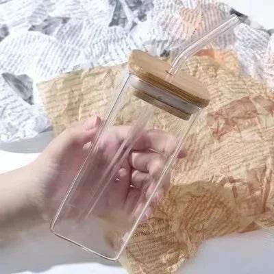 1Pcs Square Heat Resistant Coffee Glass Cup With Lid and Straw Transparent Milk Tea Juice Cups Coffee Mug For Home Bar Drinkware - Jewelrieshub - - jewelrieshub.com - Jewelrieshub - 