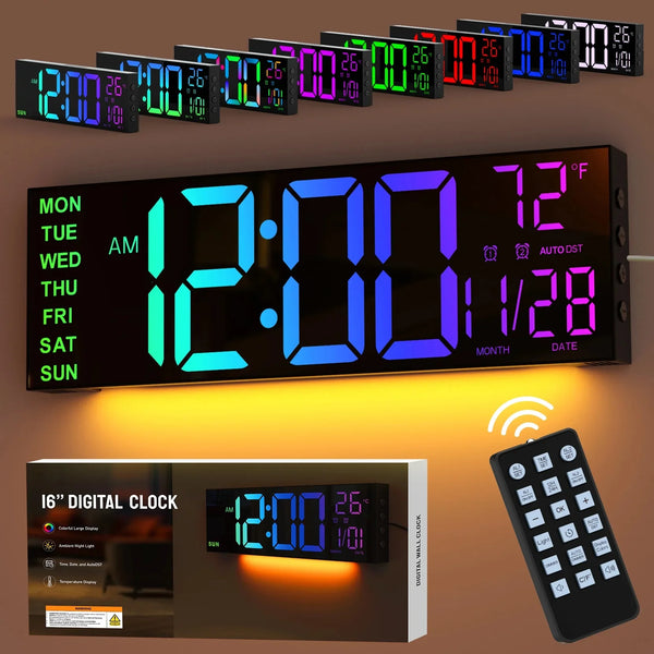 Mpow 16" Large Digital Wall Clock with Remote Control,Alarm Clock for Bedroom,10 Brightness Dimmer, 8 Colors,Auto DST, ℃/℉,Timer