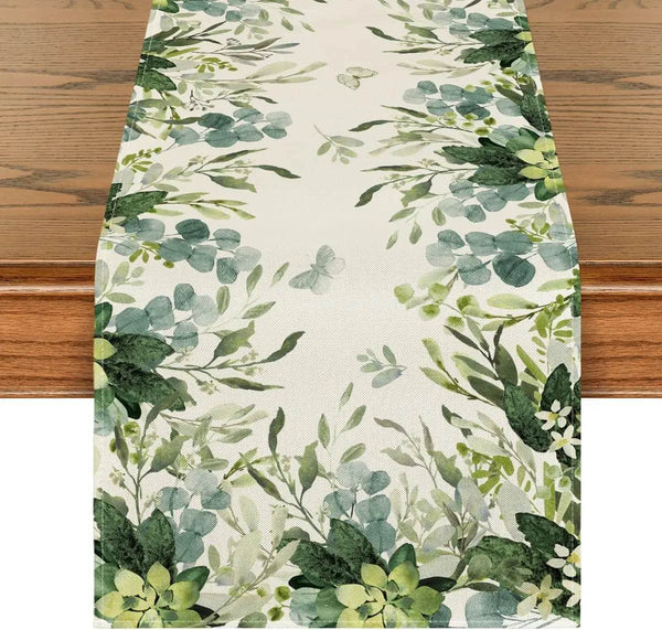 Spring Green Flowers Eucalyptus Linen Table Runner Holiday Party Decor Farmhouse Kitchen Dining Table Runner Wedding Decoration - Jewelrieshub - - jewelrieshub.com - Jewelrieshub - 
