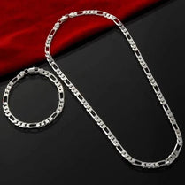 925 Sterling Silver 4MM 16-30 Inches Man Figaro Chain Bracelet Necklace For Woman Fashion Couple Christmas Gift Jewelry Set 2pcs - Jewelrieshub