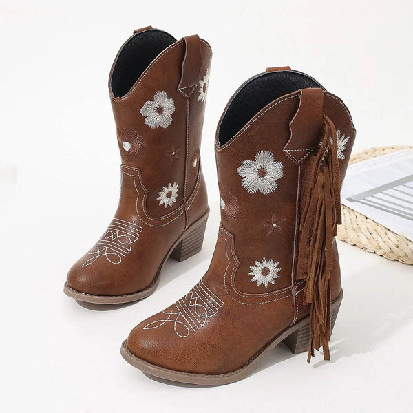 Floral Western Knee High Boots Girls Premium Quality Slip-on Fringe Cowboy Long Booties Kids Autumn Heeled Point Toe Brand Botas - Jewelrieshub - - jewelrieshub.com - Jewelrieshub - 