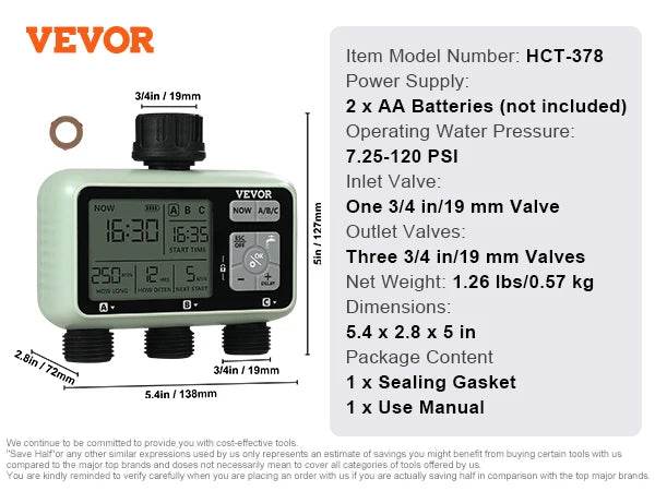 VEVOR Water Timer 3 Outlets Hose 3 Independent Watering Zone LCD Display Rain Delay Mode Manual Mode, Watering Sprinkler Timer - Jewelrieshub - - jewelrieshub.com - Jewelrieshub - 